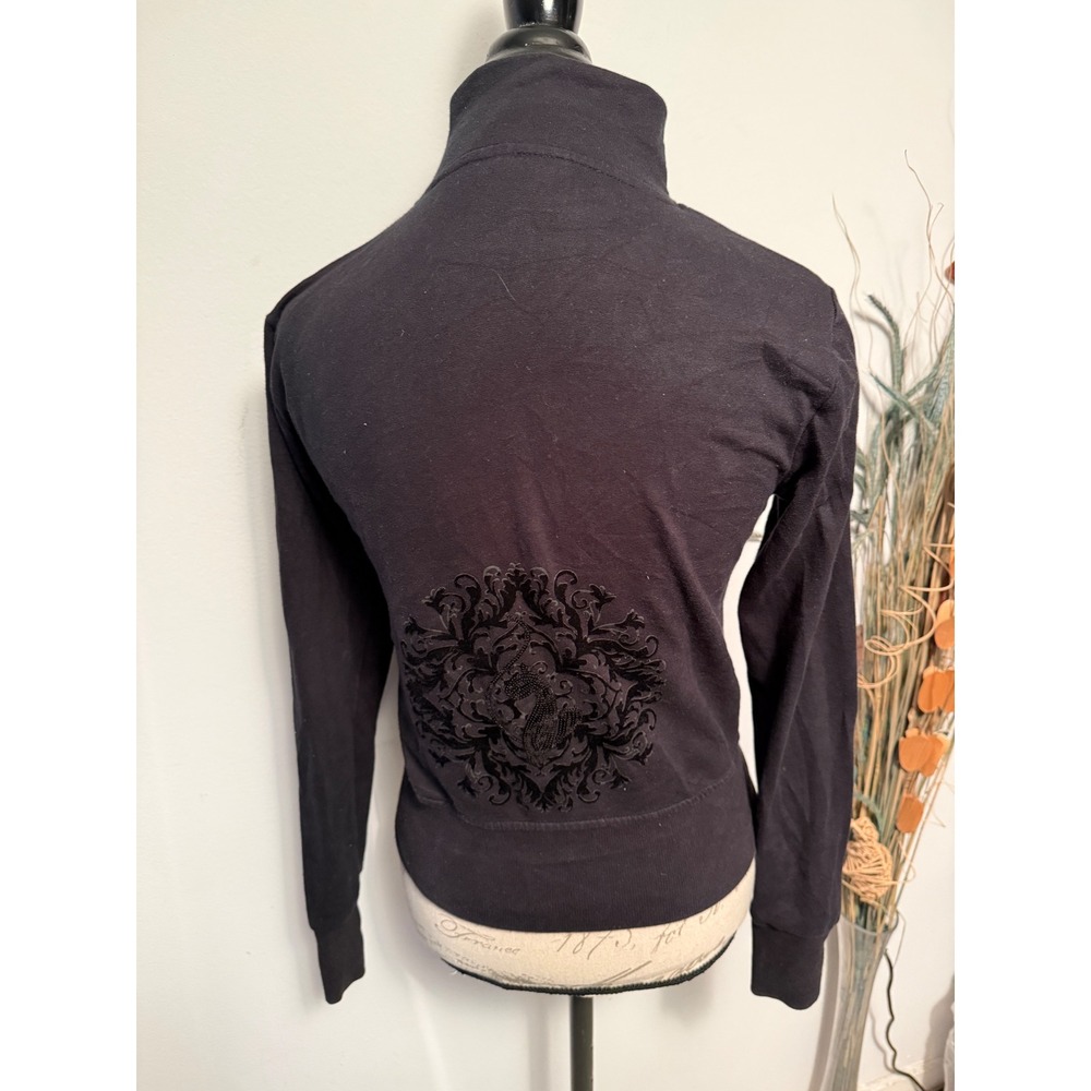 Baby Phat Girls Black Zip Up Track Jacket Sequin Stripe Velvet‎ Cat Crest XL y2k